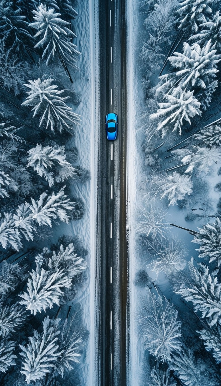 Vibrant Blue Sports Car Driving on Snowy Forest Road Mobile Wallpaper