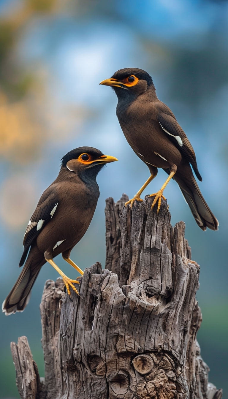 Serene Wildlife Photography of Common Mynas on Tree Stump Mobile Wallpaper