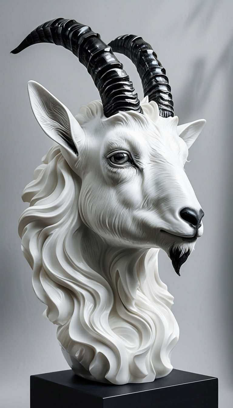 Intricate White Goat Head Sculpture with Black Horns Art