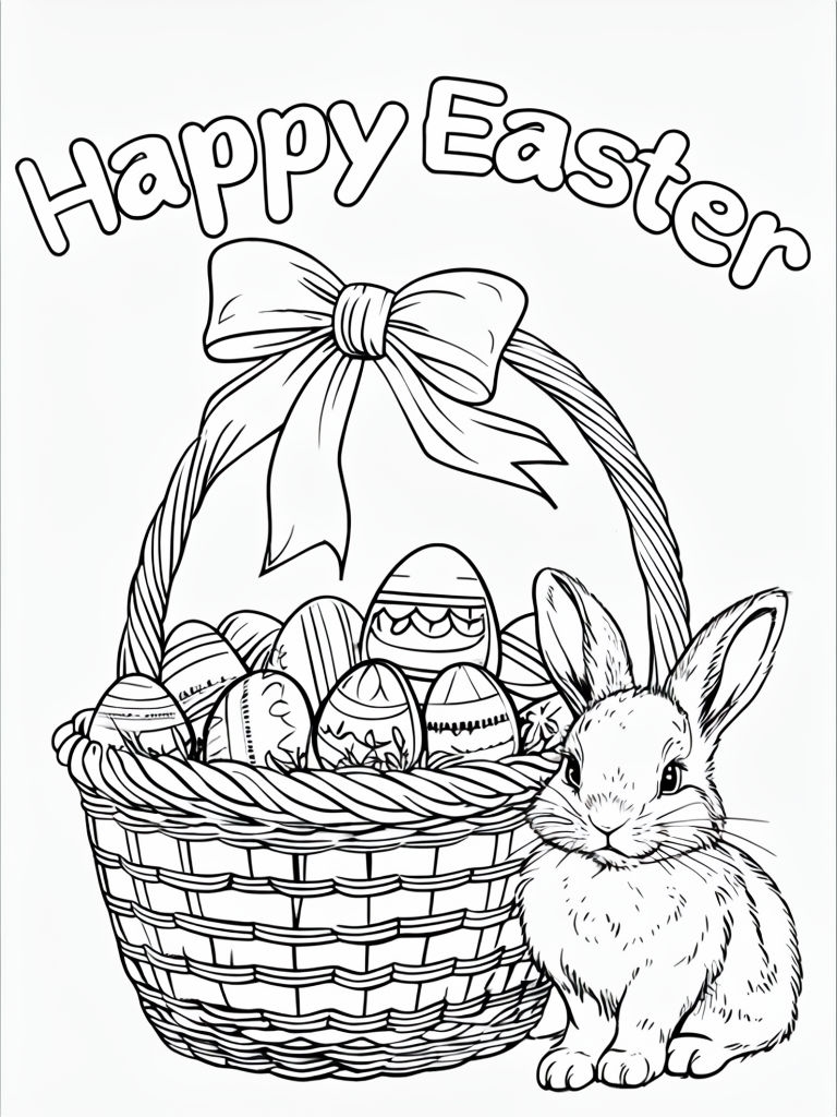 Coloring Page of Woven Basket with Easter Eggs and Bunny