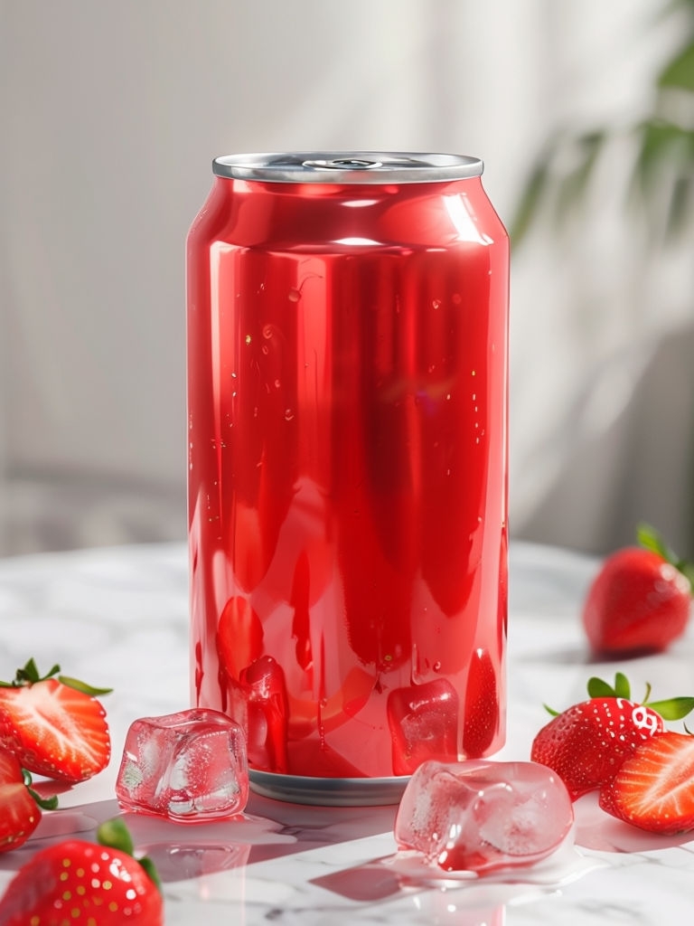 Vibrant Red Soda Can Mockup with Strawberries and Ice Mobile Wallpaper