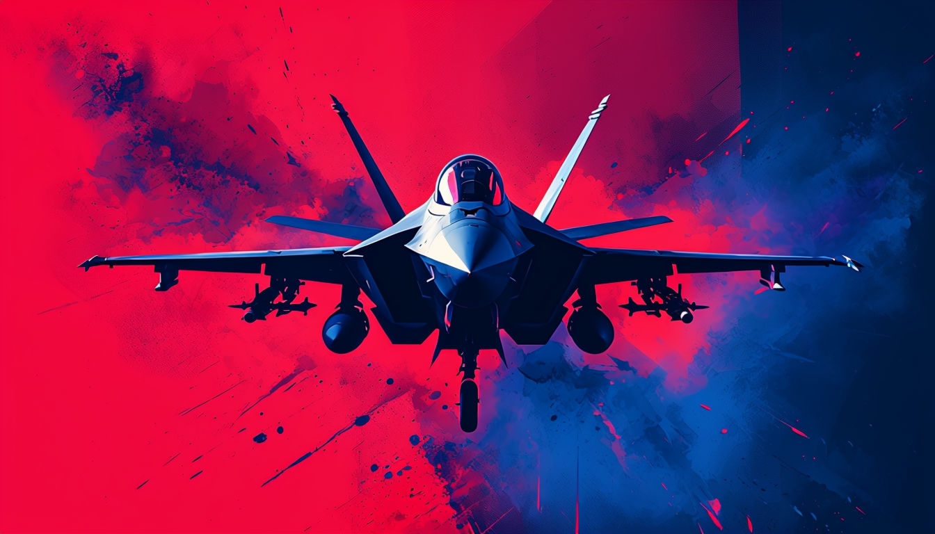 Dramatic Fighter Jet Digital Art with Intense Red and Blue Background Virtual Backgrounds