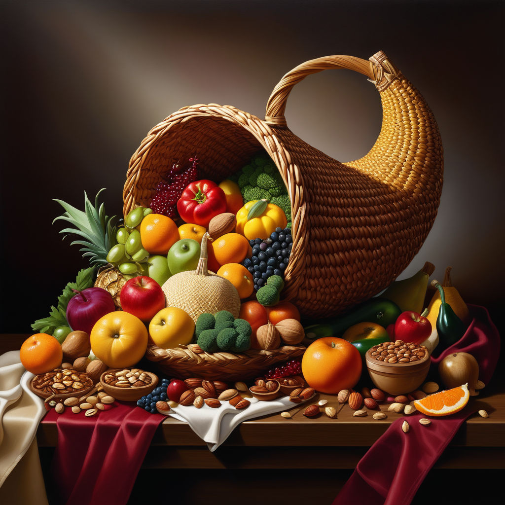 A realistic still life painting of a cornucopia made of wove... by ...