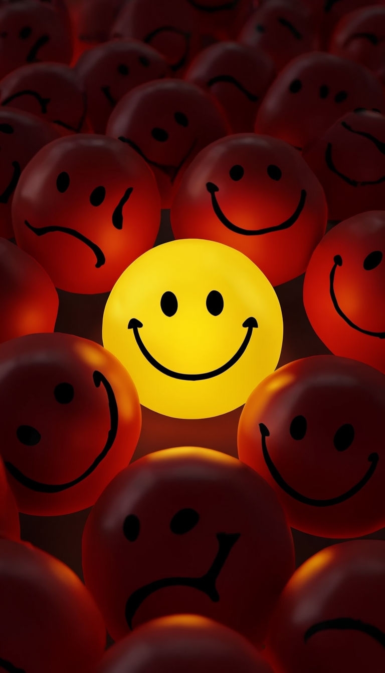 Bright Yellow Smiley Face Surrounded by Sad Red Faces Mobile Wallpaper