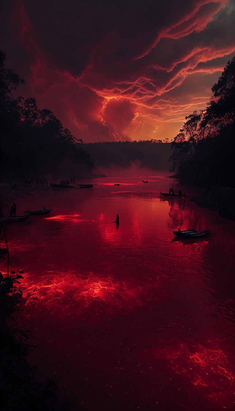 Intense Fiery Landscape with Glowing Water and Silhouettes Mobile Wallpaper