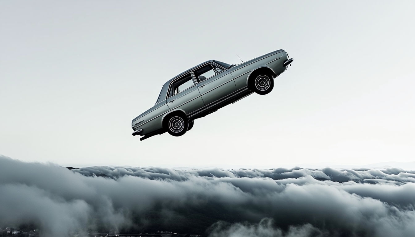 Classic Gray Sedan Mid-Air Minimalist Digital Art Background