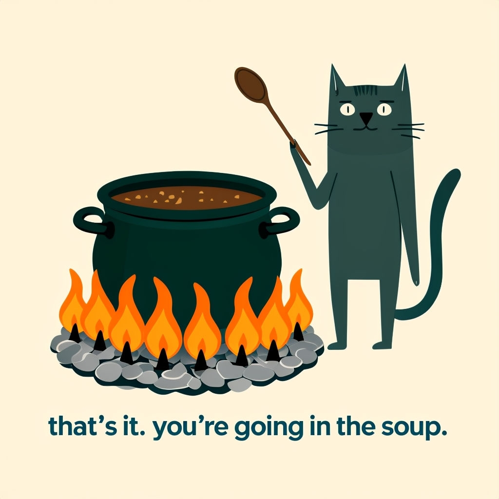 Whimsical Cat Cooking in Soup Cartoon Illustration Meme