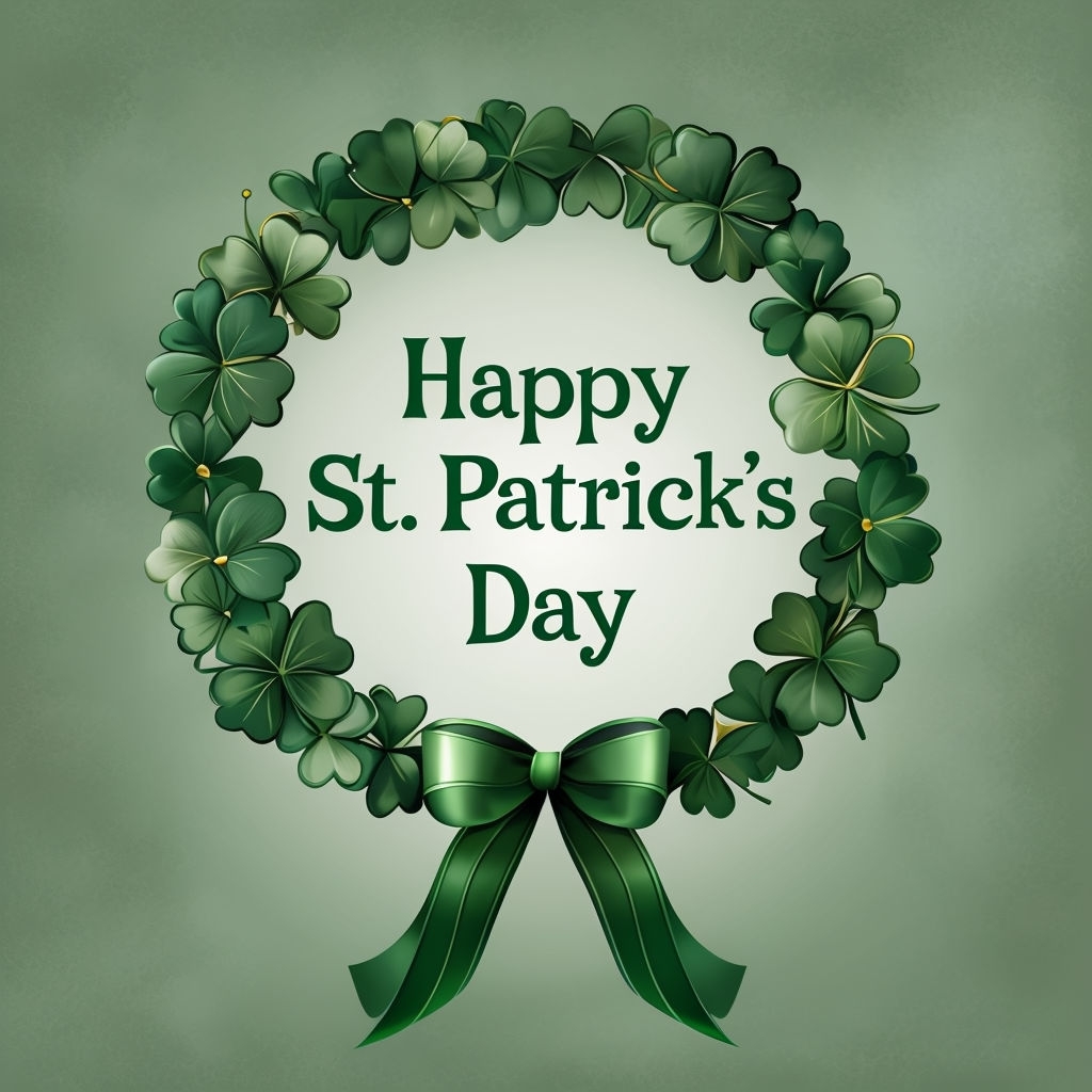 Elegant St. Patrick's Day Wreath with Shamrocks and Ribbons Social Media Post