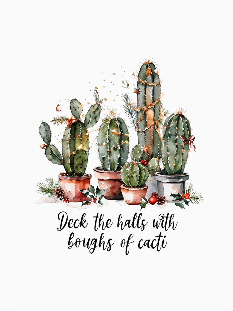 Festive Christmas Cacti with Whimsical Decorations Card