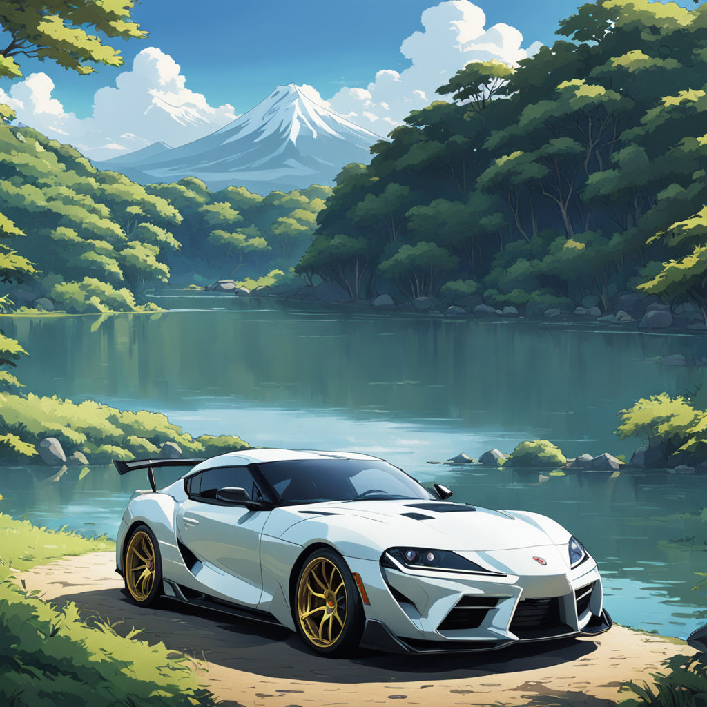 toyota supra with anime style tokyo street background