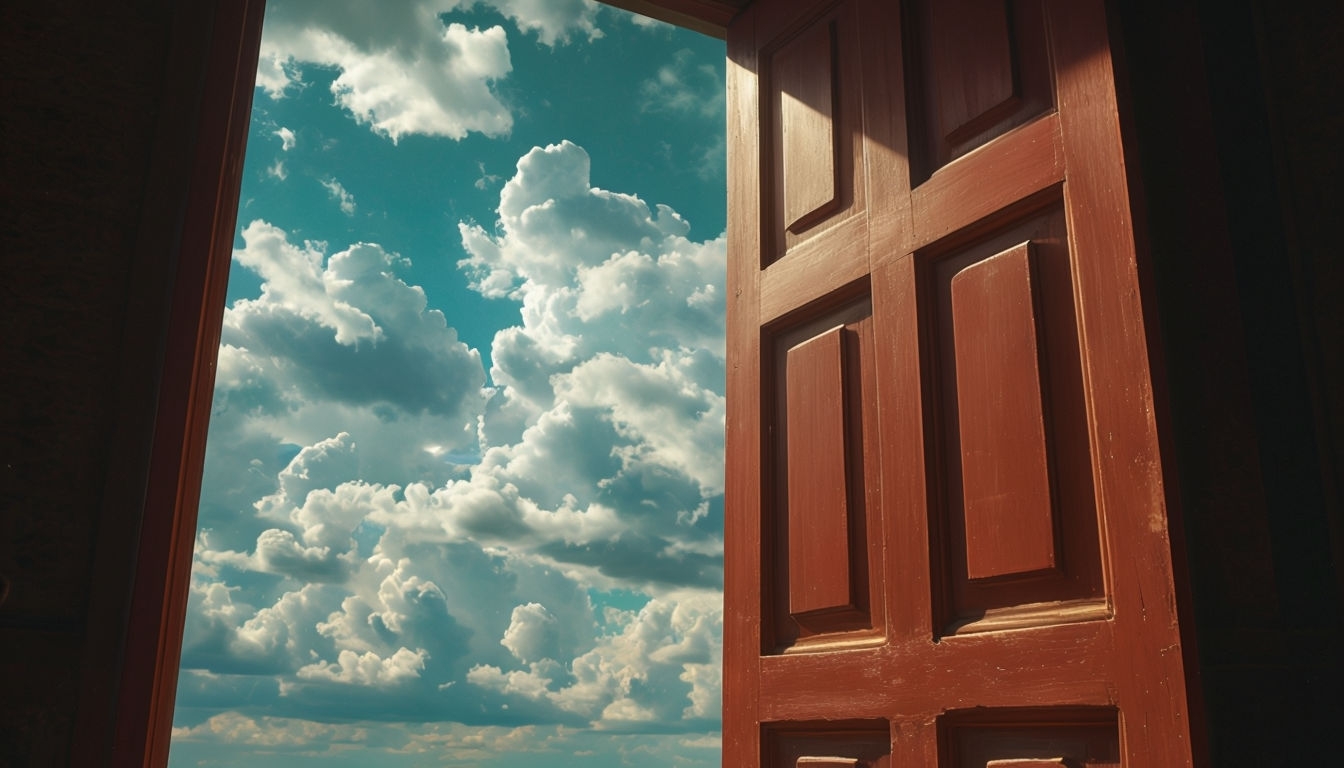 Open Doorway to a Vibrant Blue Sky with Fluffy Clouds Background