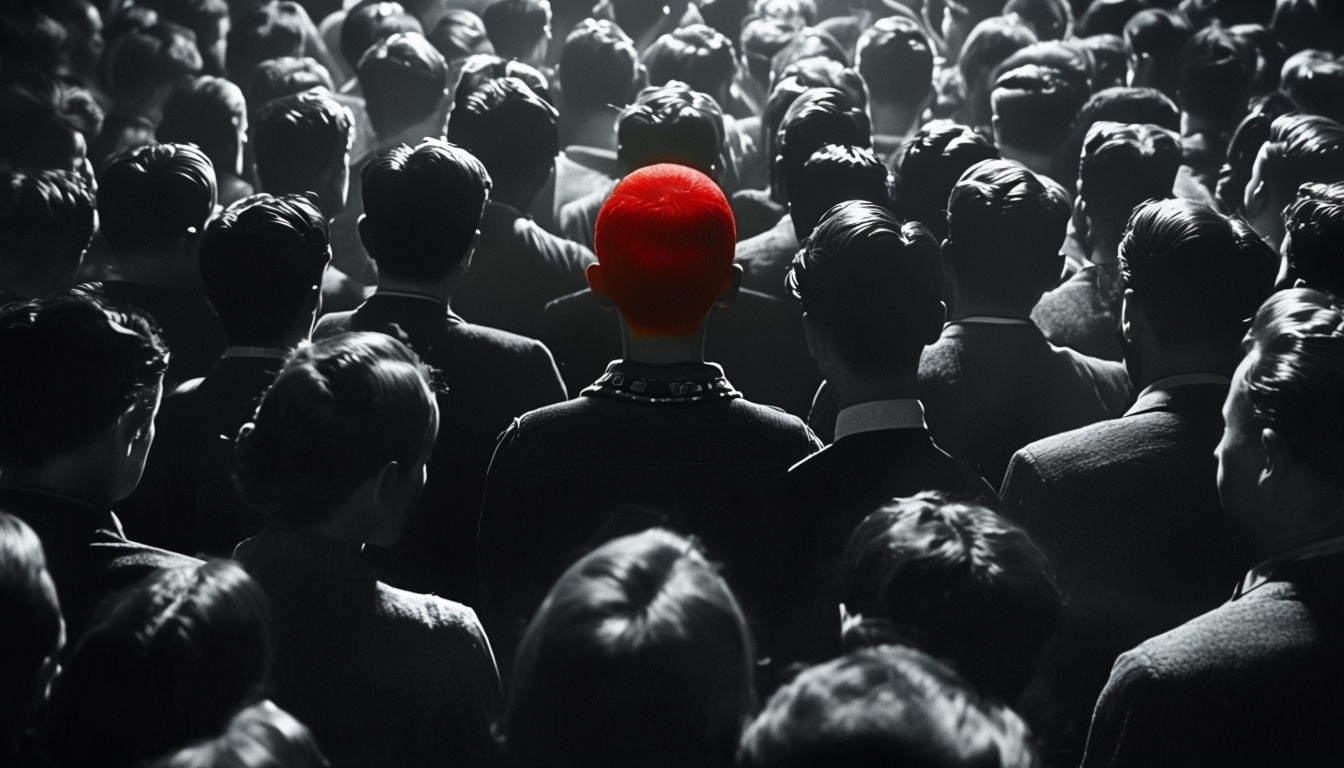 Surreal Eerie Crowd Scene with Bold Red Figure Backgrounds