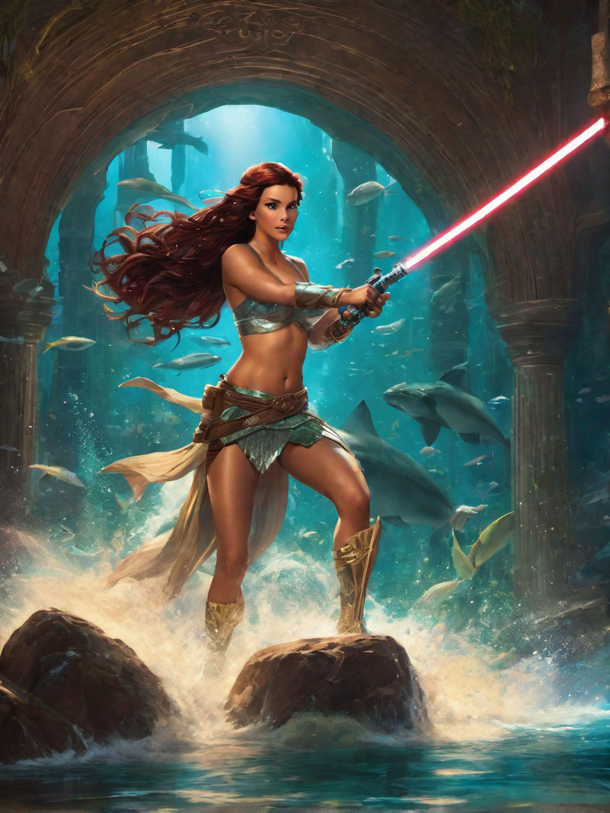 gorgeous star wars Rey European woman in a futuristic loincloth