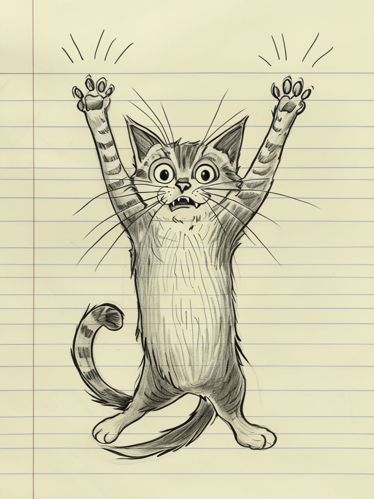 Dramatic Hand-Drawn Cat Sketch on Lined Notebook Paper Art