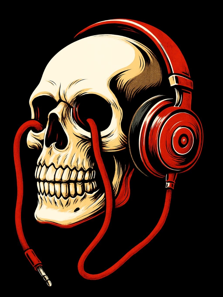 Vibrant Skull with Red Headphones Illustration Art