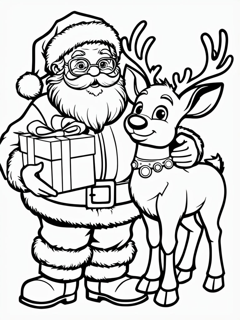 Santa Claus and Rudolph Festive Holiday Scene Coloring Page