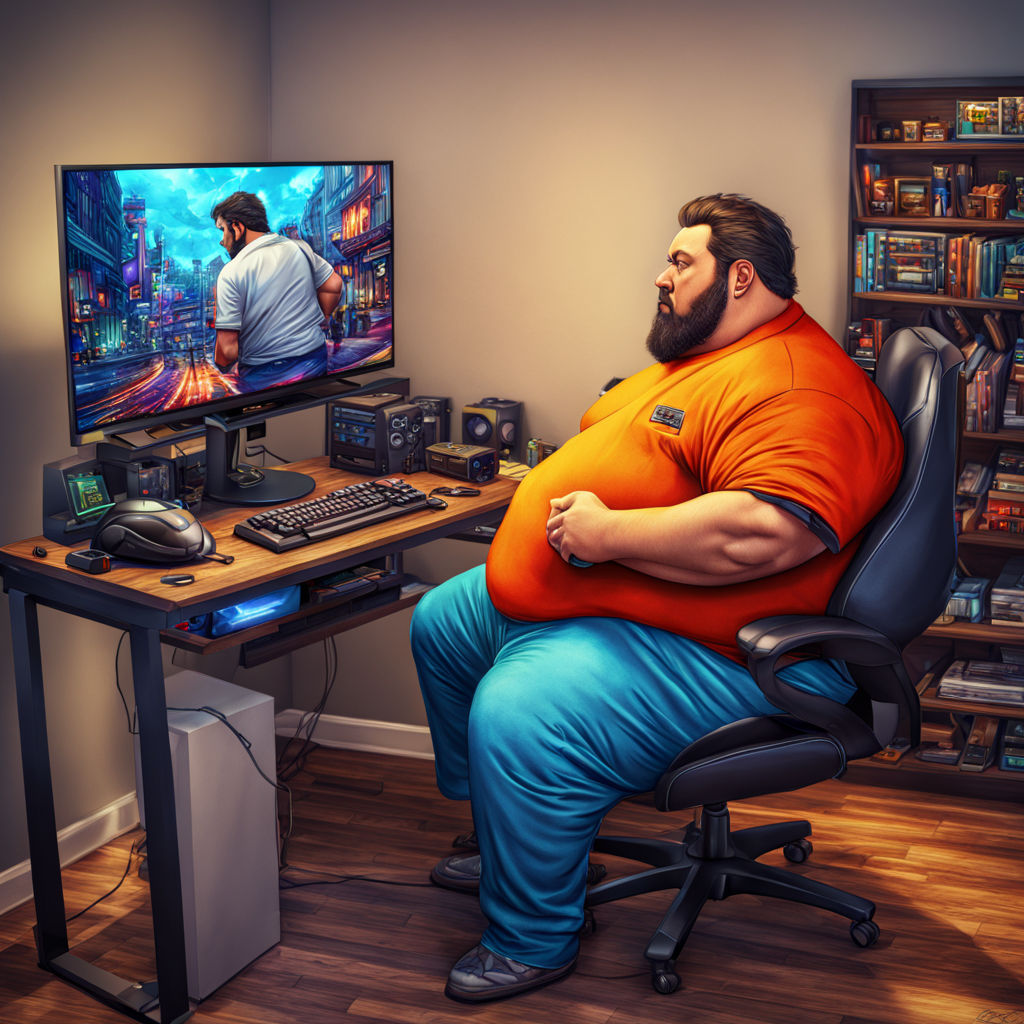 a fat man playing in his gaming computer