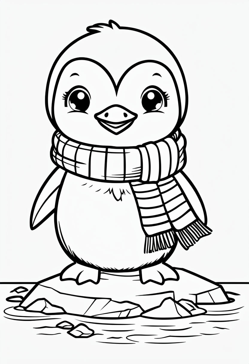 Cute Cartoon Penguin Coloring Book Page for Kids