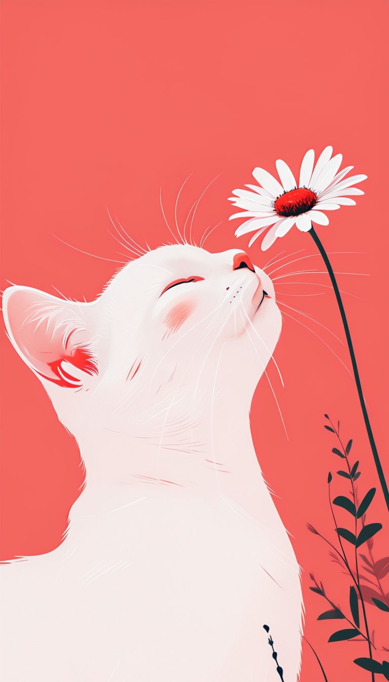 Minimalist White Cat Sniffing Daisy Digital Art Phone Case Cover