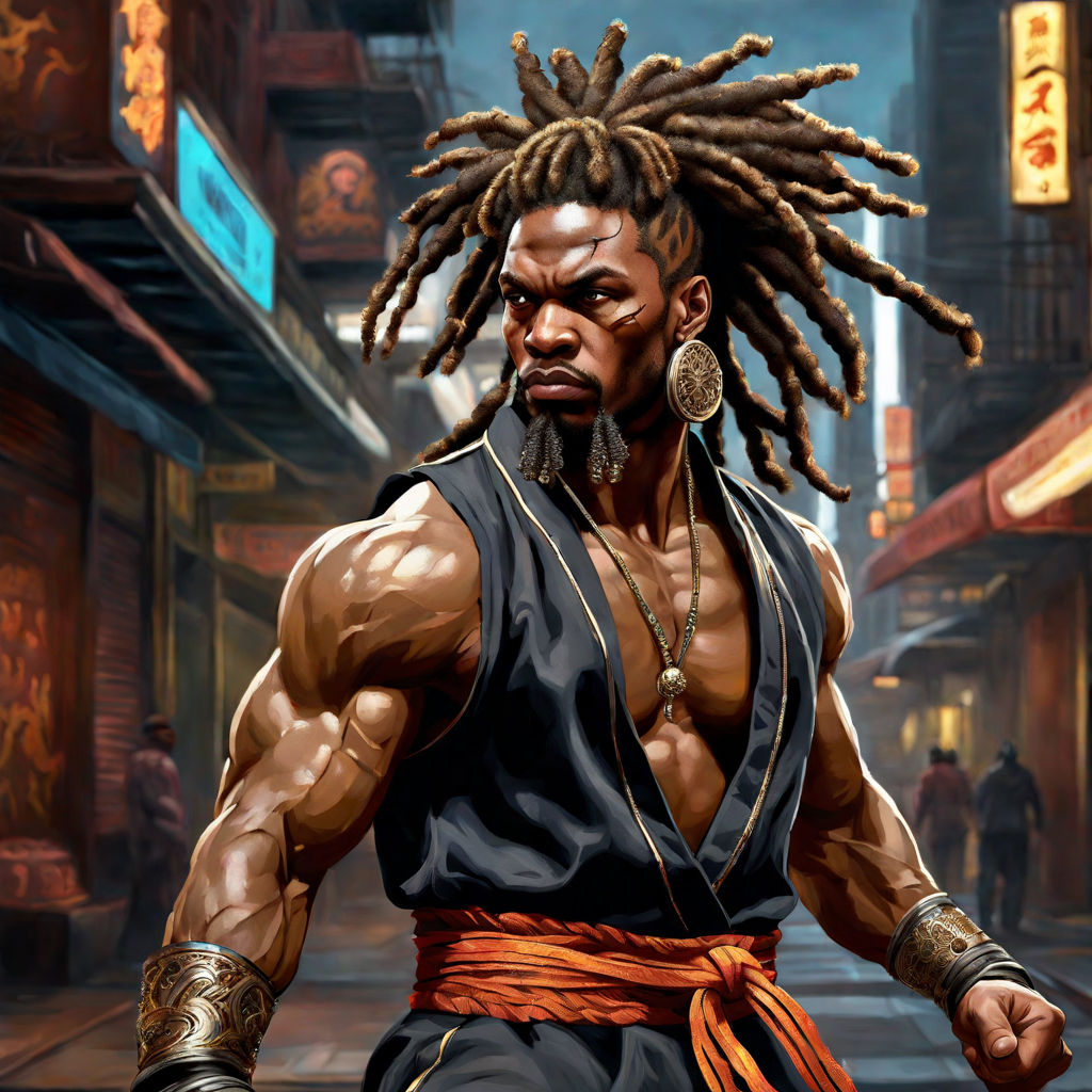 Black men with white dreadlocks muscular martial arts white karate outfit  HD Dragon Ball art Mega character teen full body cool pose animated cartoon  angry face detail