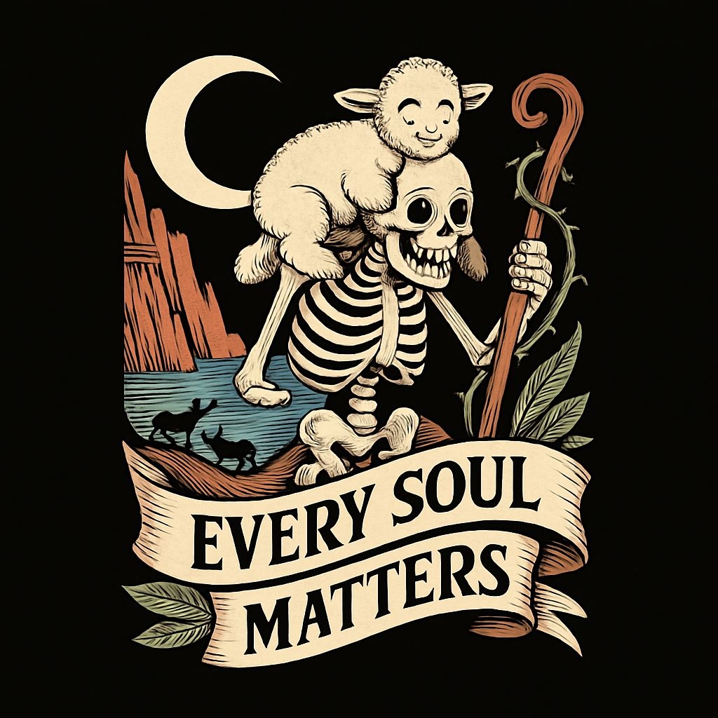 Surreal Skeleton Shepherd with Lamb and Every Soul Matters T-Shirt