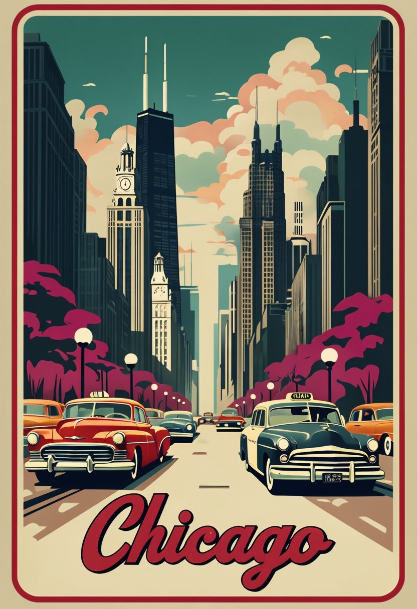 Vintage Chicago City Street Scene Poster with Classic Cars