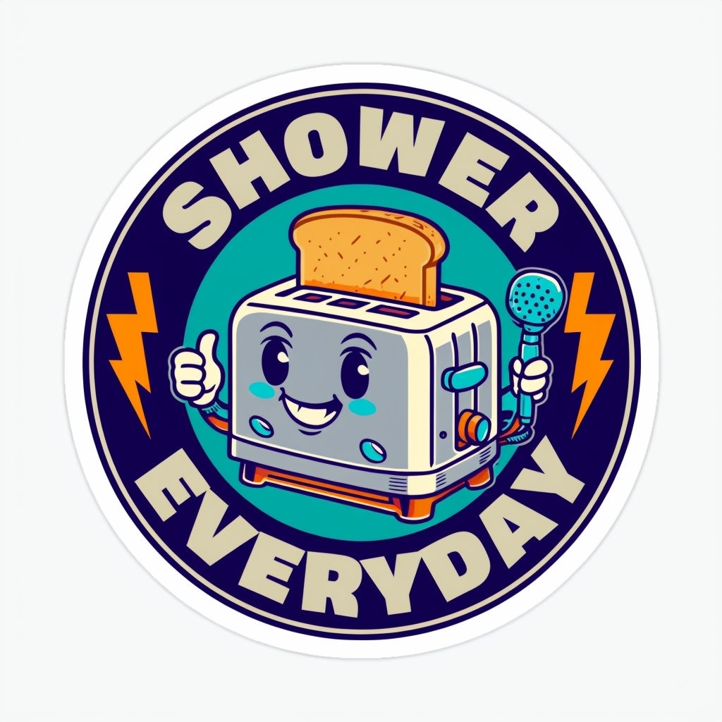 Cheerful Cartoon Toaster with Showerhead and Bold Message Sticker