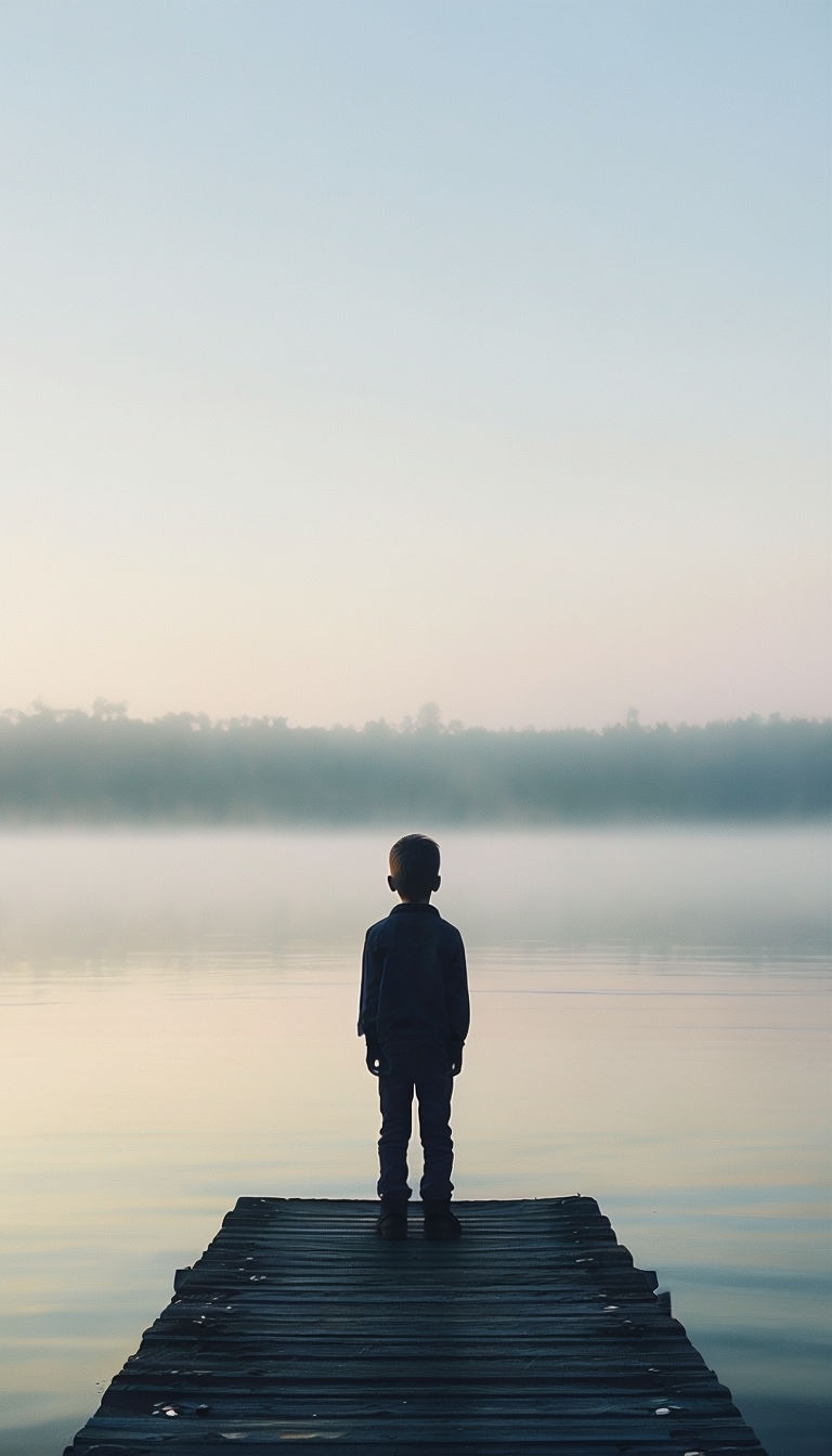 Silhouette of Boy on Pier Facing Lake and Sky Mobile Wallpaper