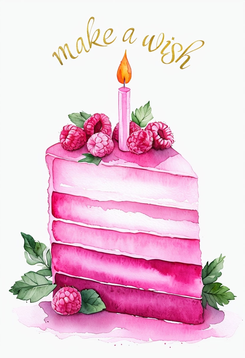 Whimsical Watercolor Birthday Cake with Candle and Raspberries Invitation