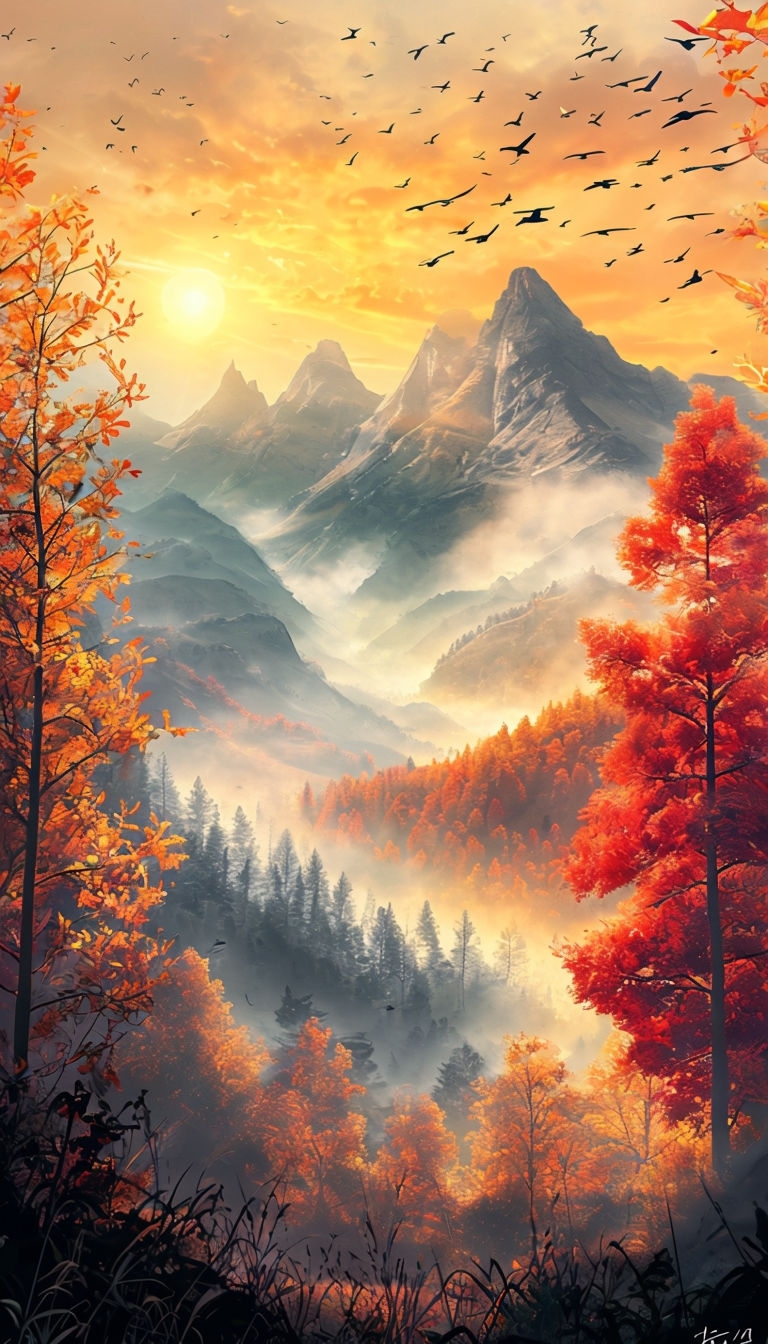 Serene Autumn Landscape at Sunrise with Majestic Mountains Mobile Wallpaper