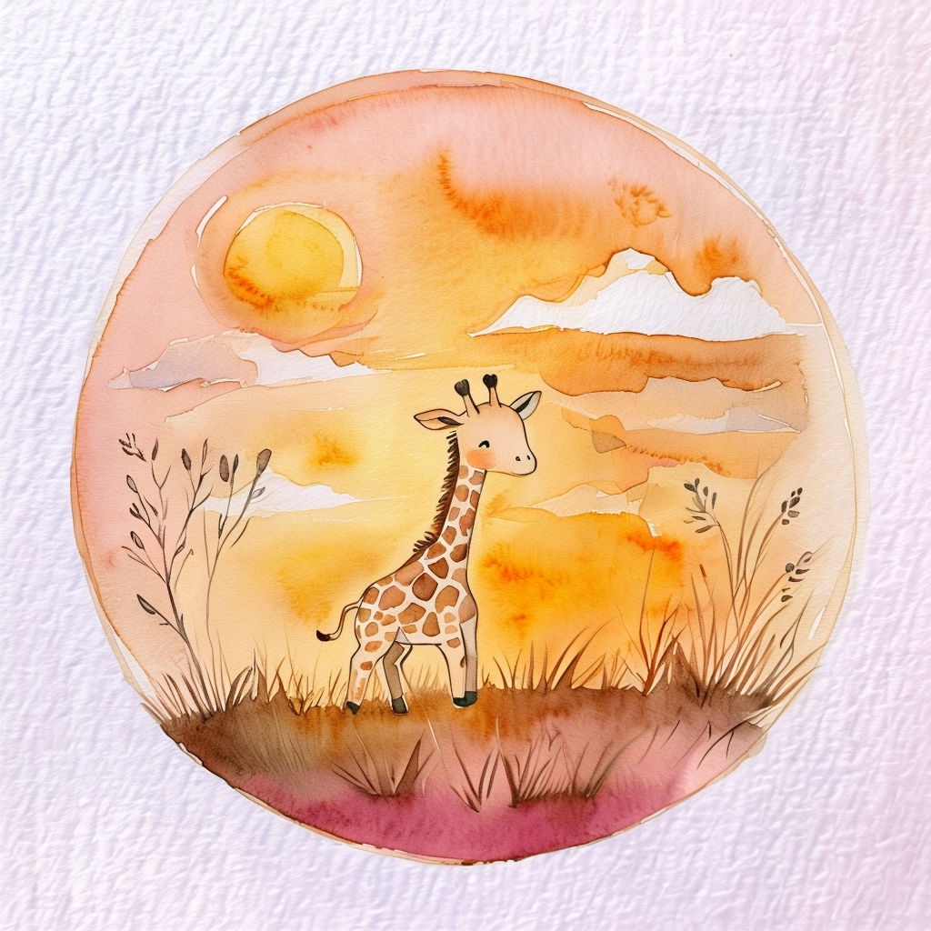 Cute Baby Giraffe Watercolor Sunset Art for Nursery Decor