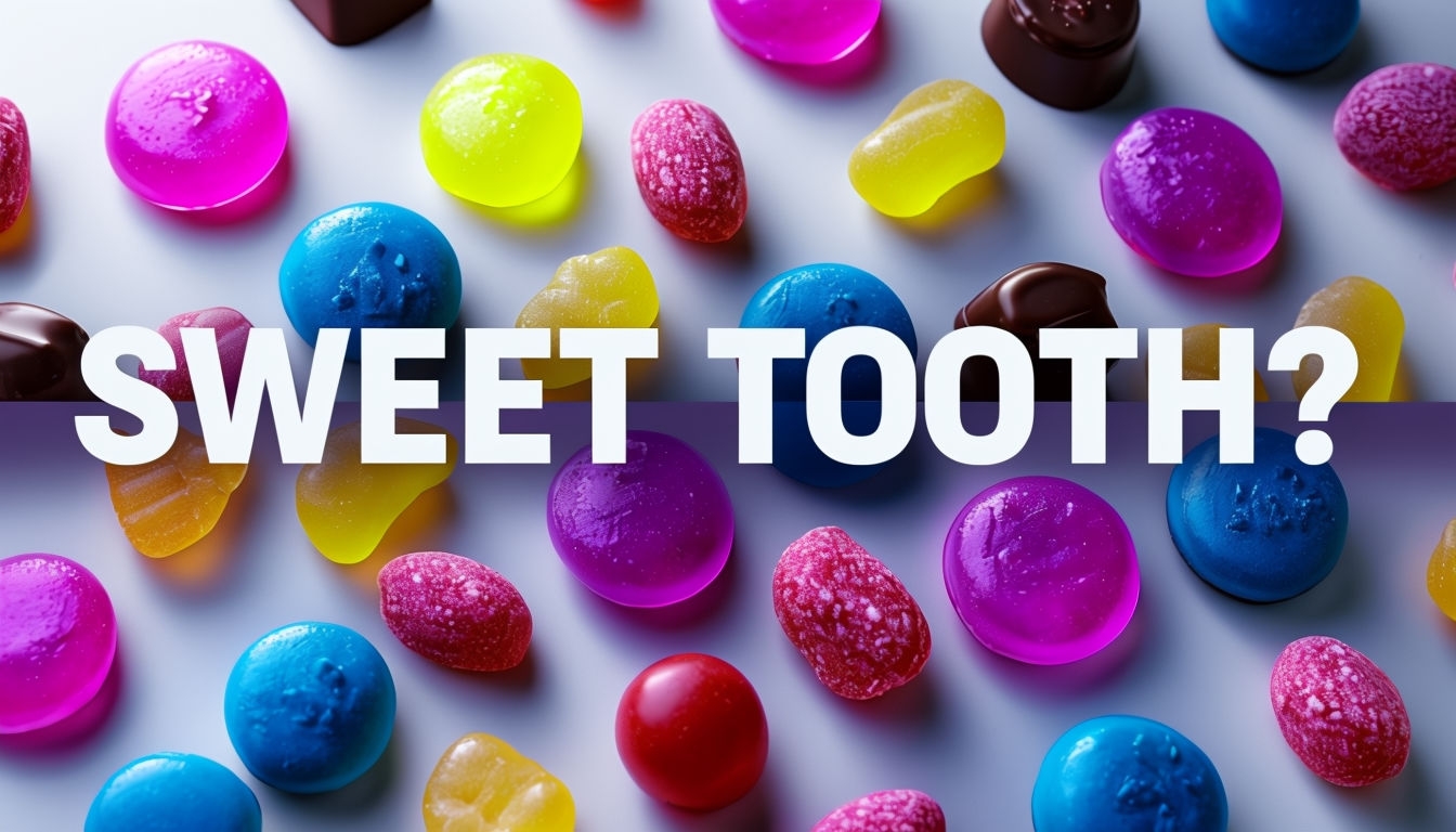 Vibrant Candy Flat Lay with Sweet Tooth Text Design Social Media Post