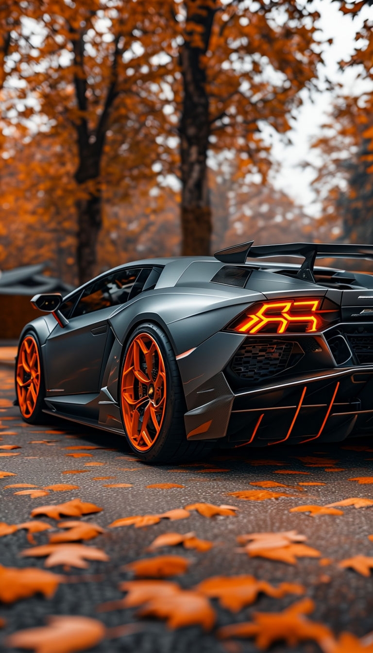 Sleek Dark Gray Lamborghini Sports Car in Autumn Scene Mobile Wallpaper