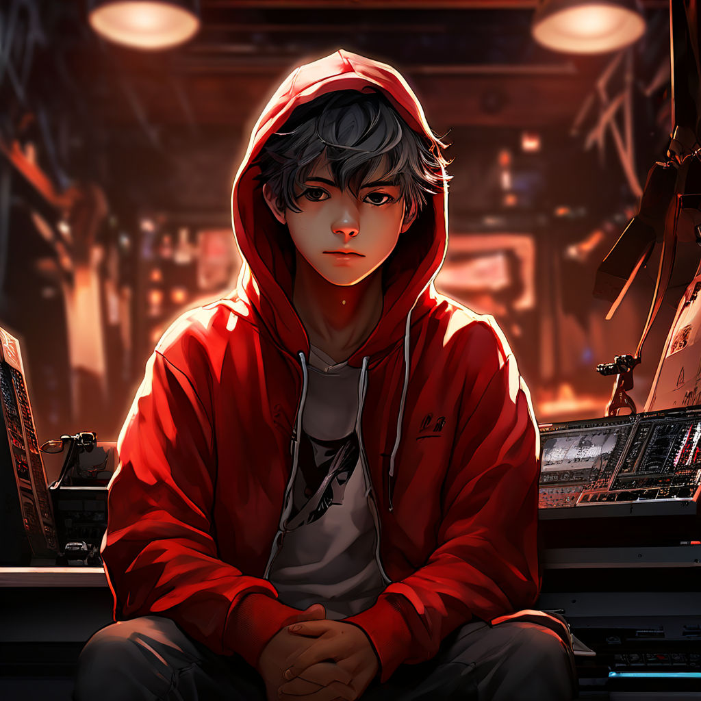 anime boy character sitting on a chair behind a table in studio his shirt  color is red and white wearing black hoddie with loads of futuristic  gadgets with a beta mic