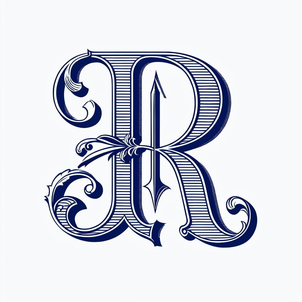 Ornate Dark Blue Letter R Vintage Illustration Monogram