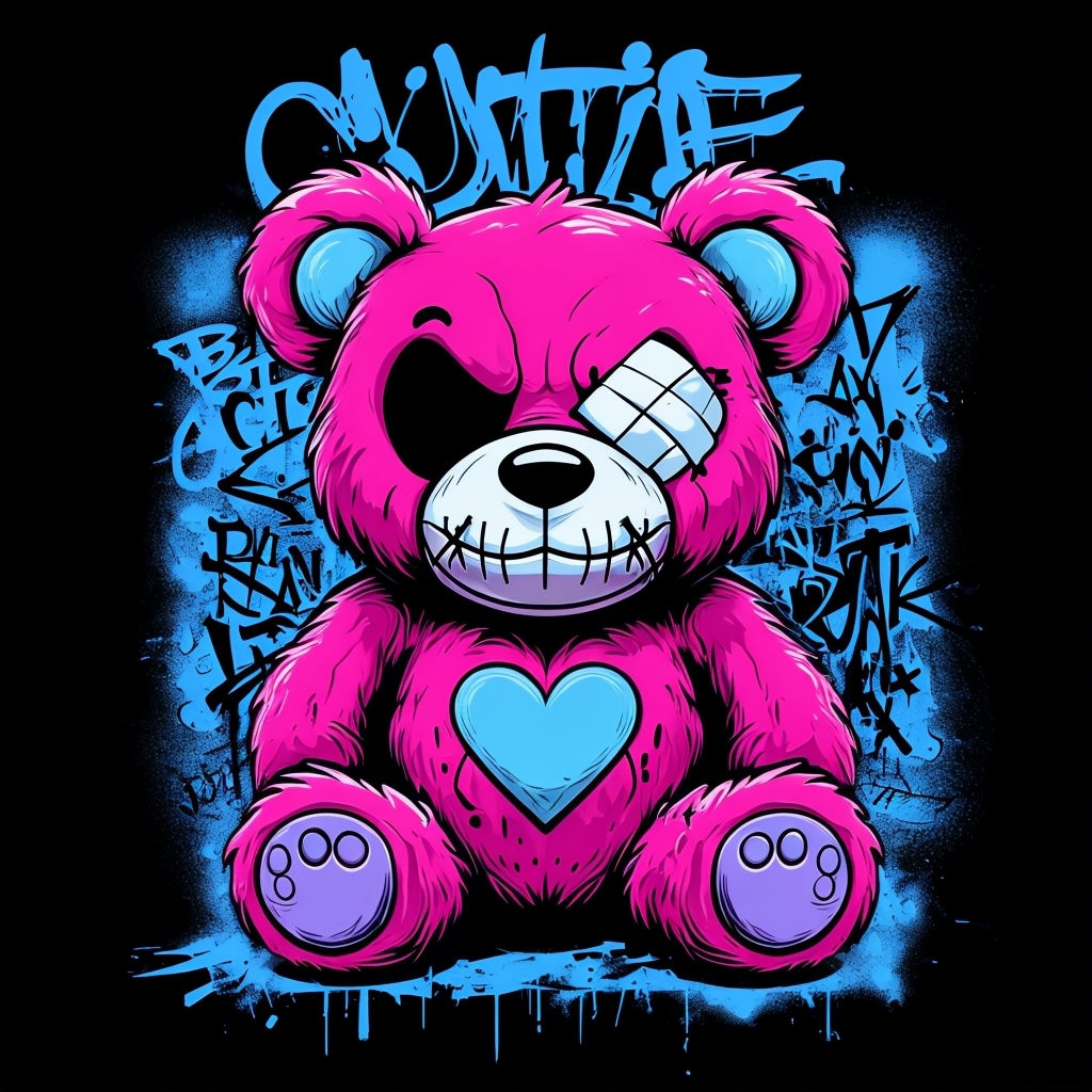 Edgy Magenta Teddy Bear Graffiti Art Illustration T-Shirt