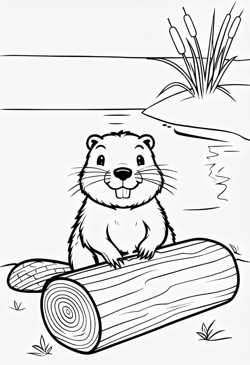 Friendly Beaver Chewing on Log Cartoon Coloring Page