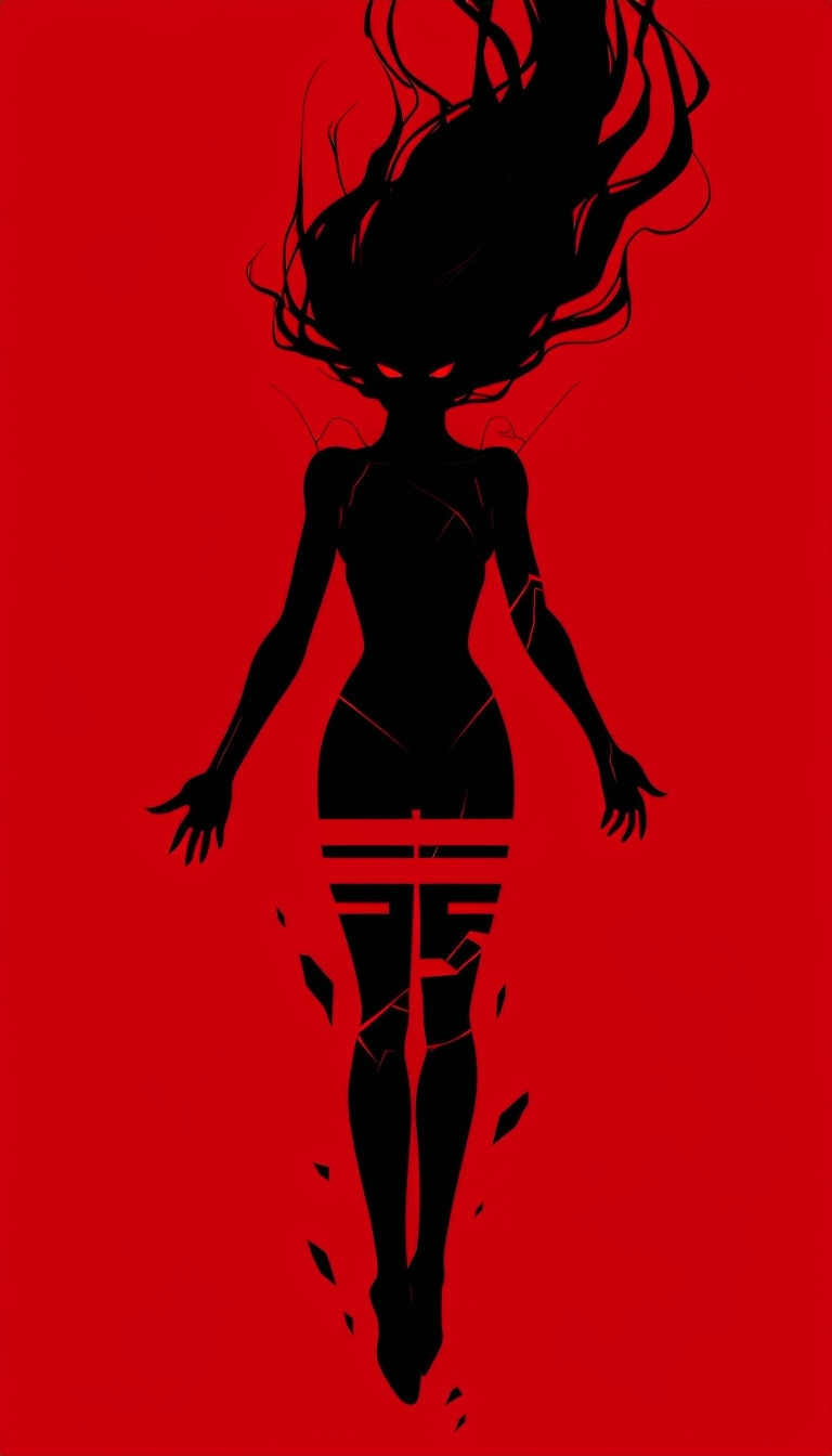 Eerie Black Silhouette of Female Figure on Vivid Red Background Mobile Wallpaper