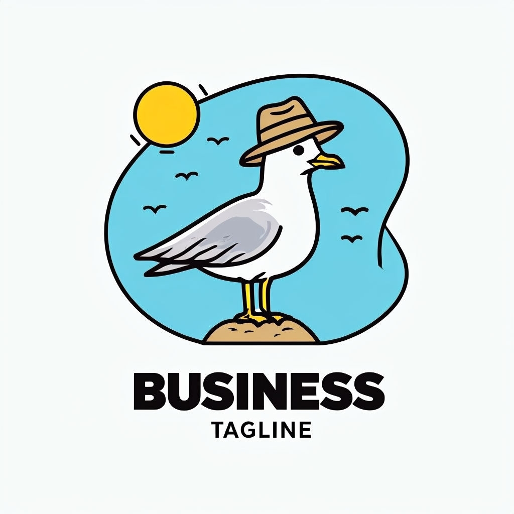 Whimsical Seagull Cartoon Logo with Sky and Sun Elements