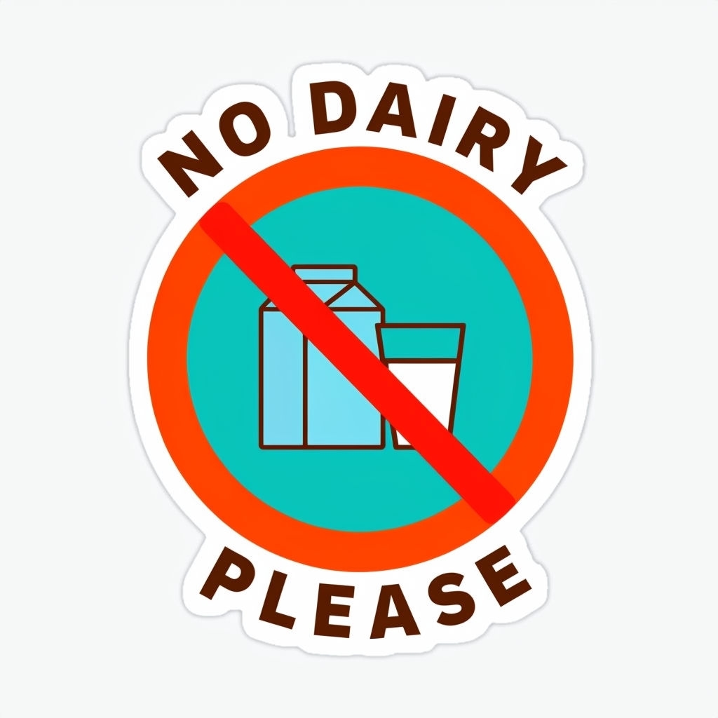 No Dairy Please Warning Sticker with Milk Products Design