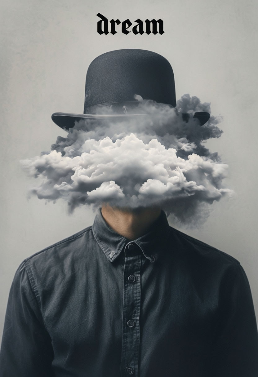 'Dream' Portrait with Dark Bowler Hat and Clouds T-shirt