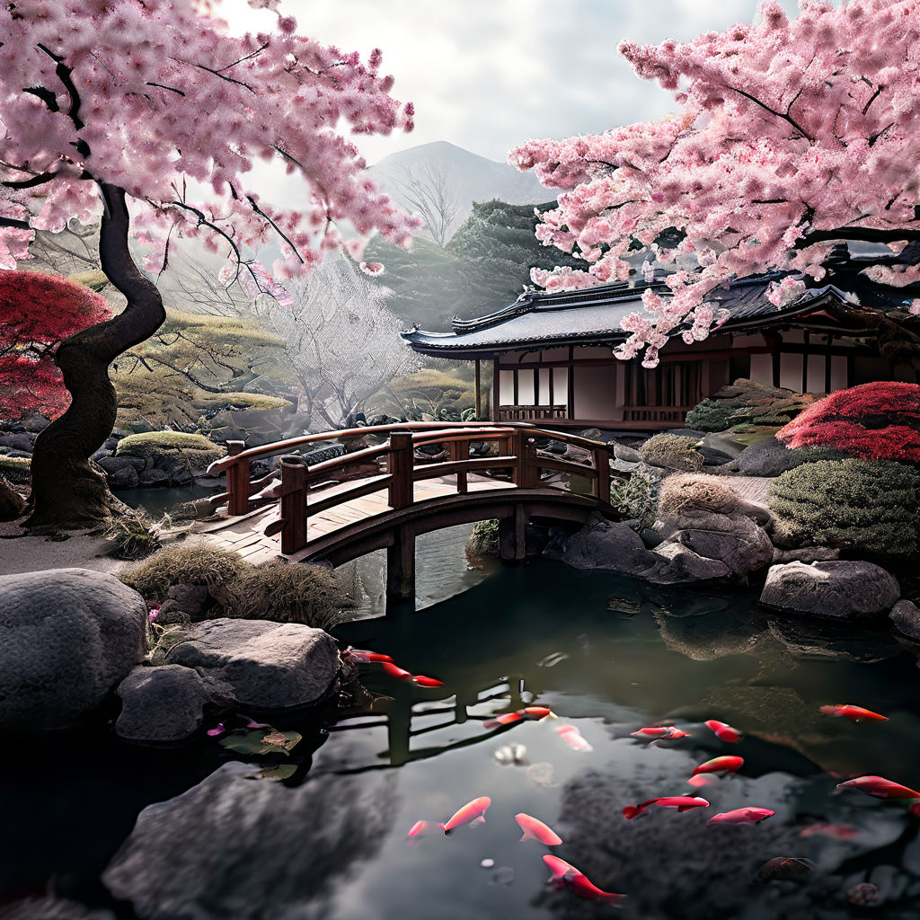 A tranquil Zen garden with cherry blossom trees by Lena Koss - Playground