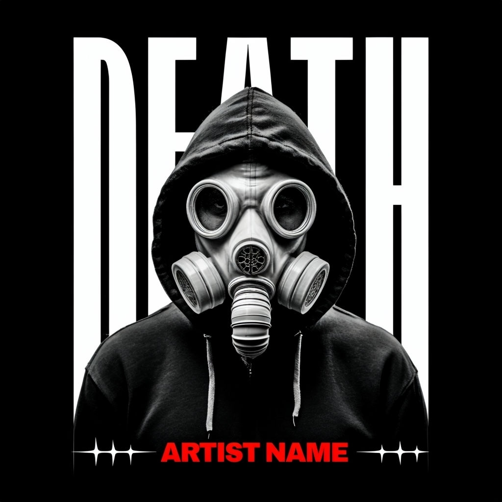 Dark Ominous Gas Mask Design with Bold Text Spotify Album Cover