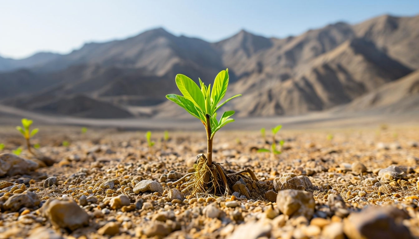 Resilient Tree Seedling in Arid Mountainous Landscape Background