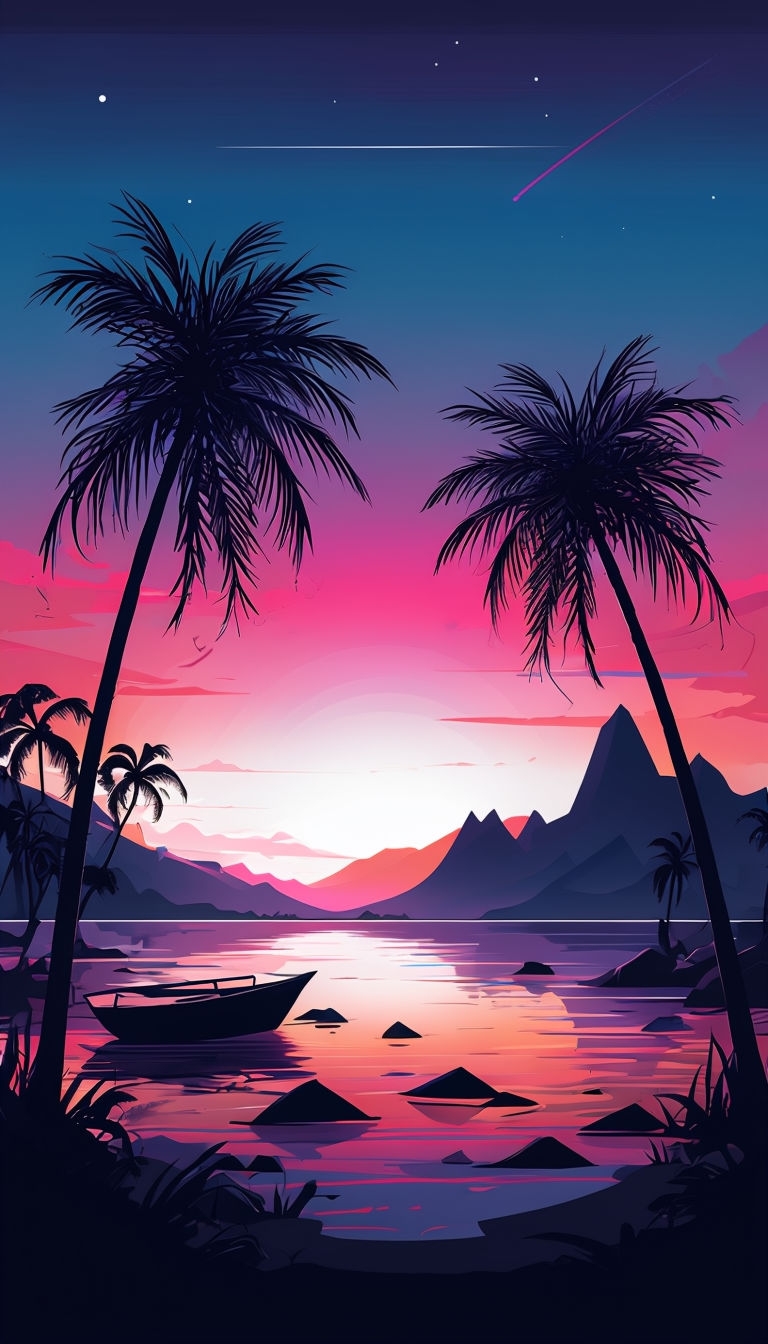 Serene Tropical Landscape at Sunset with Palm Trees Mobile Wallpaper