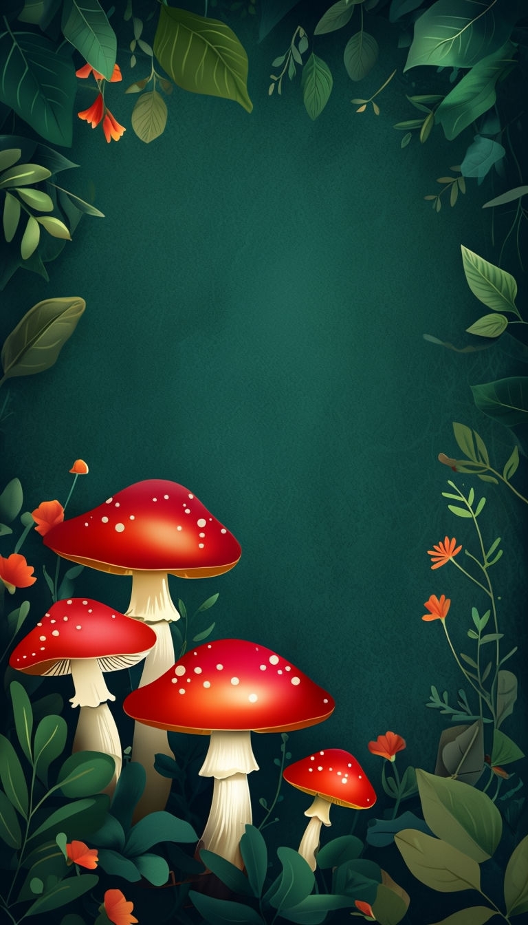 Enchanting Dark Teal Forest Mushrooms and Leaves Illustration Social Media Post
