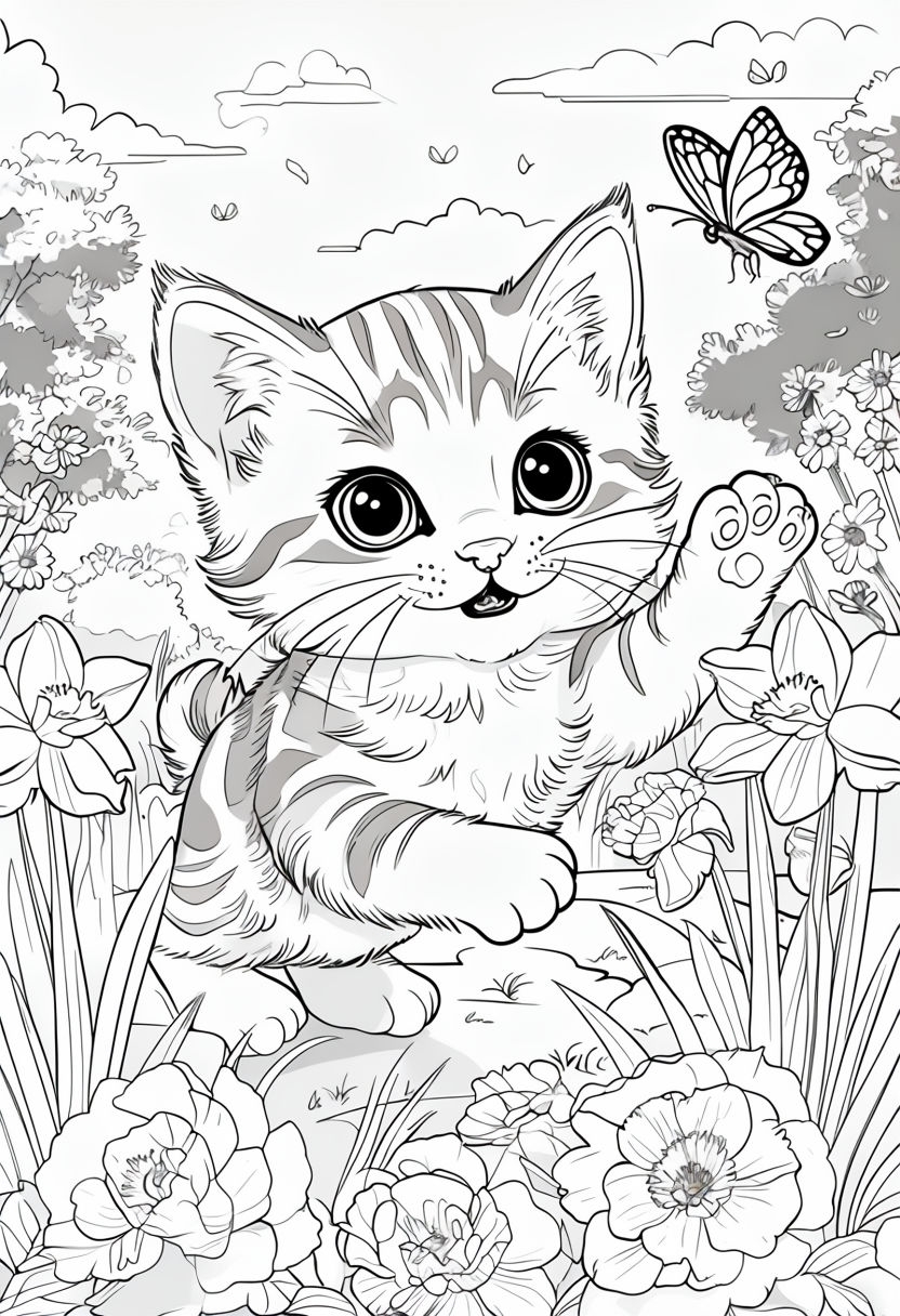 Playful Kitten Chasing Butterfly Coloring Book Page