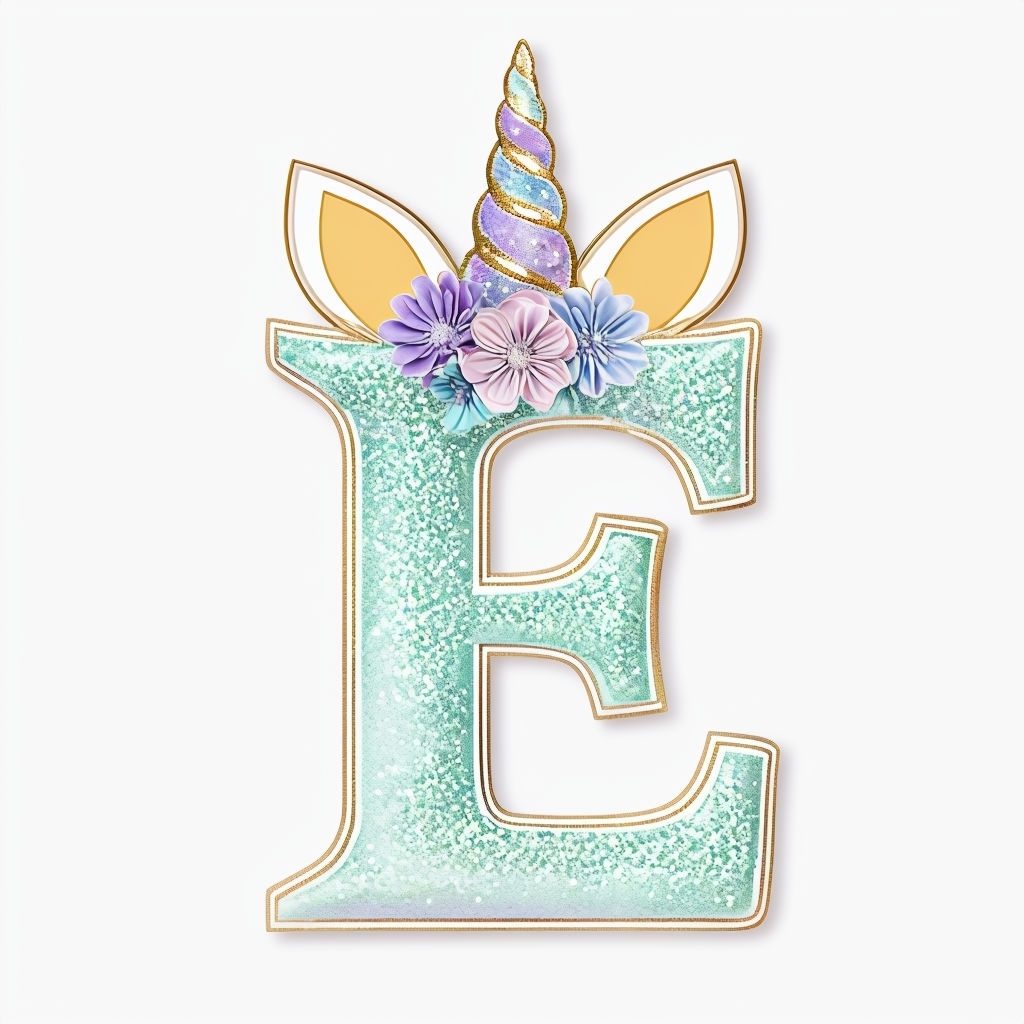 Whimsical Mint Green Glitter Unicorn Letter E Monogram