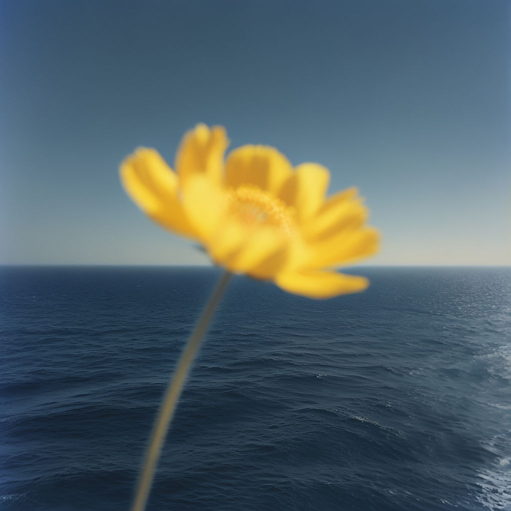 Bright Yellow Flower Over Serene Ocean and Sky Minimalist Art