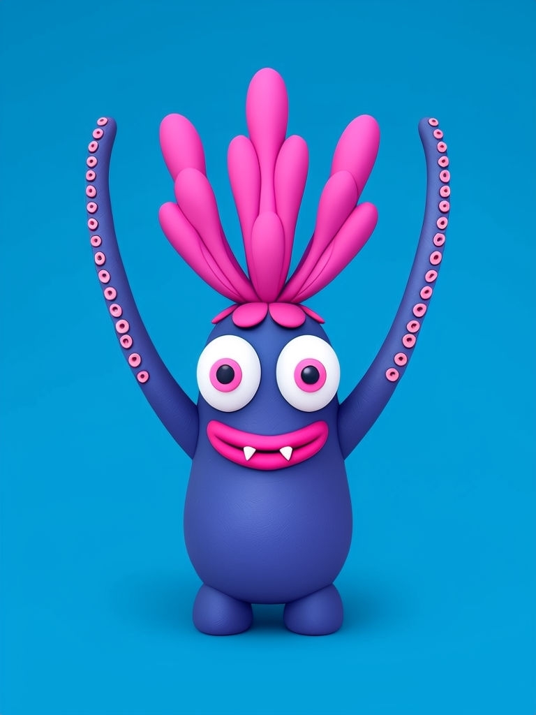 Whimsical Cartoon Monster Figurine on Sky Blue Background Art